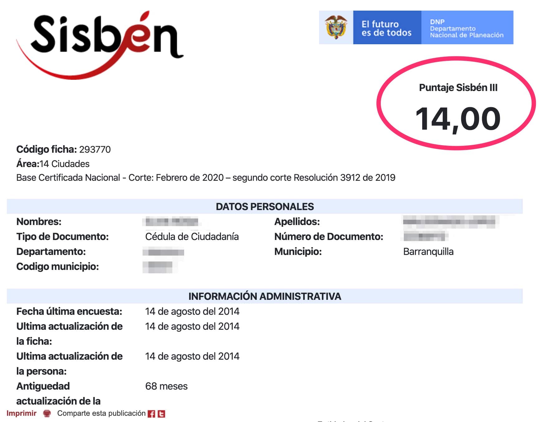 ¿Cuál es el puntaje mínimo para obtener el B2 en el SISBEN